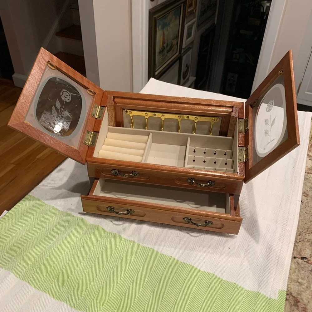 Vintage Jewelry Box, Etched Roses Glass doors Wooden Jewelry Box